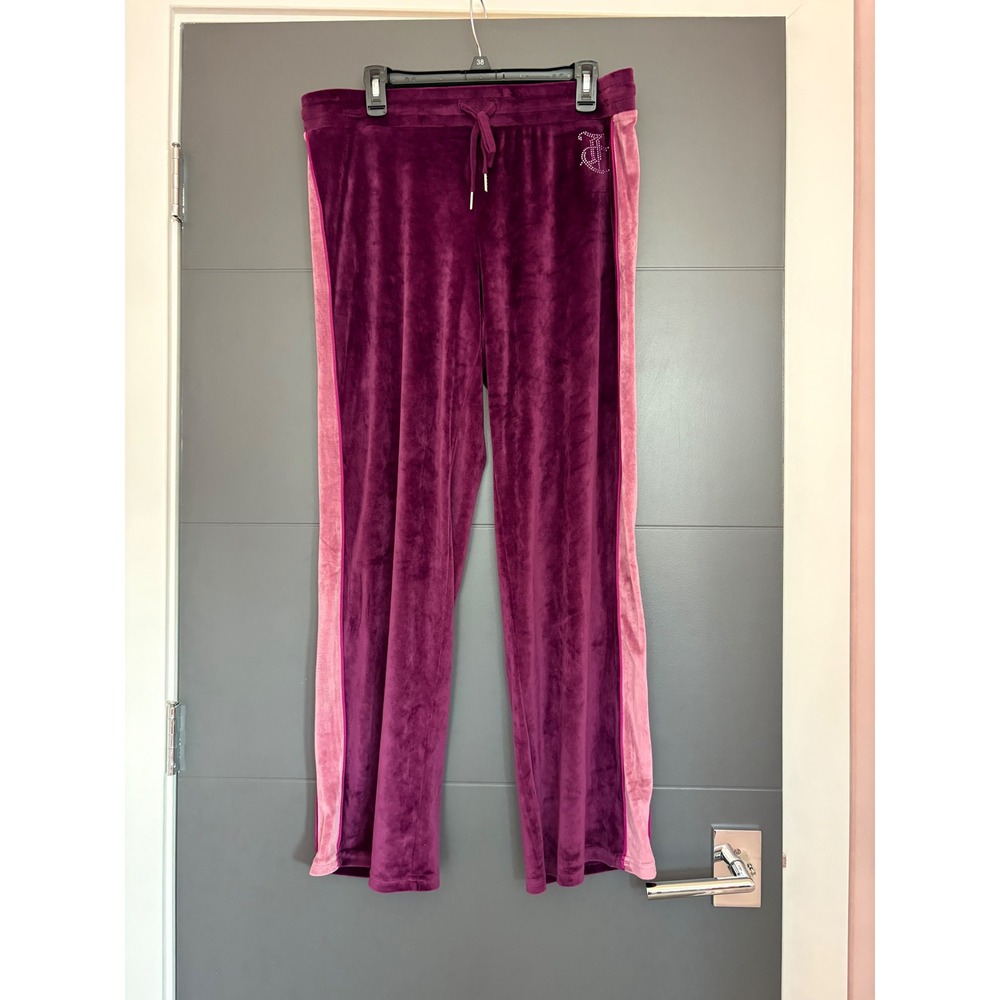 Juicy Couture Velour Track Pants Plum Purple Pink Stripe Rhinestone Logo Womens